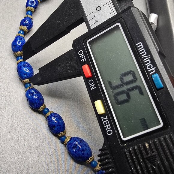 VTG Czech ‘Lapis’ Art Glass Necklace 26" Graduated Nugget Beads Brass Caps 1950s - Picture 9 of 12